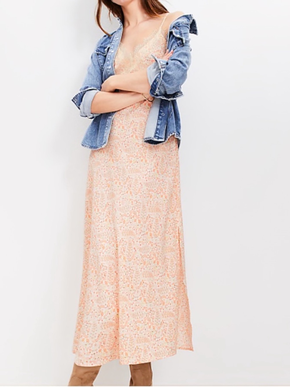 Loft 8 Dress Paisley Eyelash Lace Trim Midi Slip Dress Ann Taylor in Popcorn